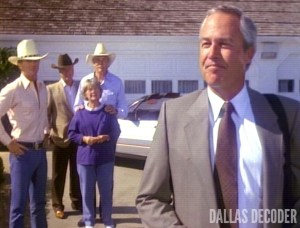 Barbara Bel Geddes, Bobby Ewing, Clayton Farlow, Dallas, Howard Keel, J.R. Ewing, Larry Hagman, Miss Ellie Farlow, Patrick Duffy, Ray Krebbs, Steve Kanaly, Sting