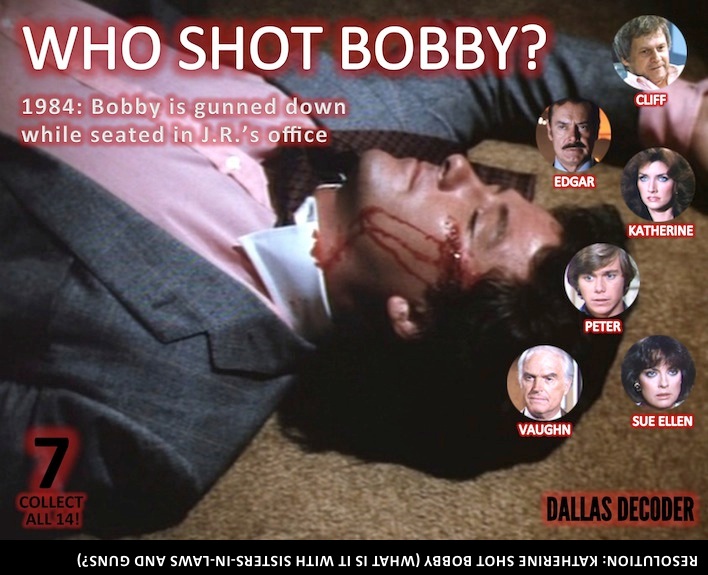 Bobby Ewing, Christopher Atkins, Cliff Barnes, Dallas, Dennis Patrick, Edgar Randolph, Katherine Wentworth, Ken Kercheval, Linda Gray, Martin E. Brooks, Morgan Brittany, Patrick Duffy, Peter Richards, Sue Ellen Ewing, Vaughn Leland