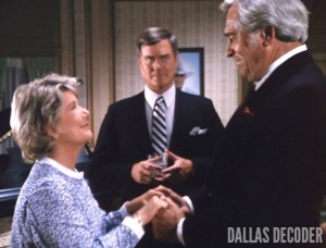 Barbara Bel Geddes, Clayton Farlow, Dallas, Howard Keel, J.R. Ewing, Larry Hagman, Miss Ellie Ewing, Past Imperfect