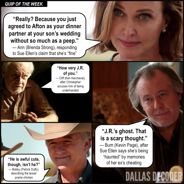 Ann Ewing, Bobby Ewing, Brenda Strong, Bum, Cliff Barnes, Dallas, Ken Kercheval, Kevin Page, Patrick Duffy, Playing Chicken, TNT