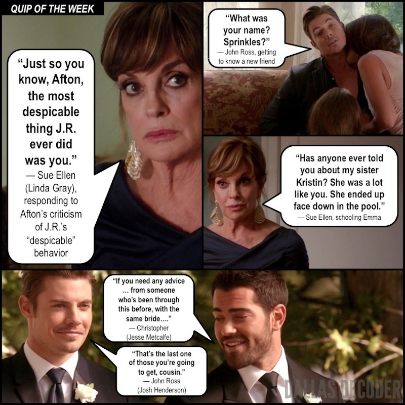 Christopher Ewing, Dallas, Jesse Metcalfe, John Ross Ewing, Josh Henderson, Lifting the Veil, Linda Gray, Sue Ellen Ewing, TNT