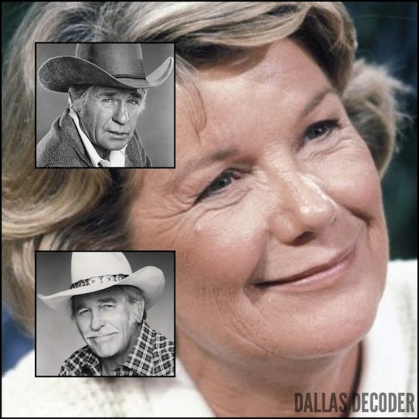 Barbara Bel Geddes, Clayton Farlow, Dallas, Howard Keel, Jim Davis, Jock Ewing, Miss Ellie Ewing Farlow