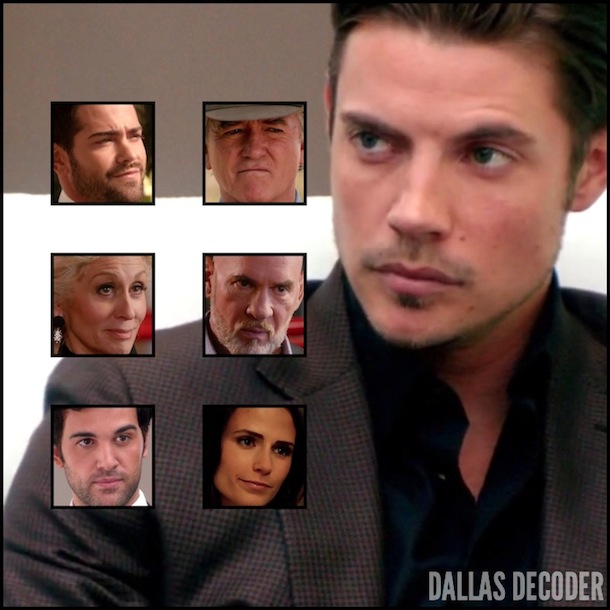 Bobby Ewing, Christopher Ewing, Dallas, Elena Ramos, Harris Ryland, Jesse Metcalfe, John Ross Ewing, Jordana Brewster, Josh Henderson, Juan Pablo Di Pace, Judith Light, Judith Ryland, Mitch Pileggi, Nicolas Trevino, Patrick Duffy, TNT
