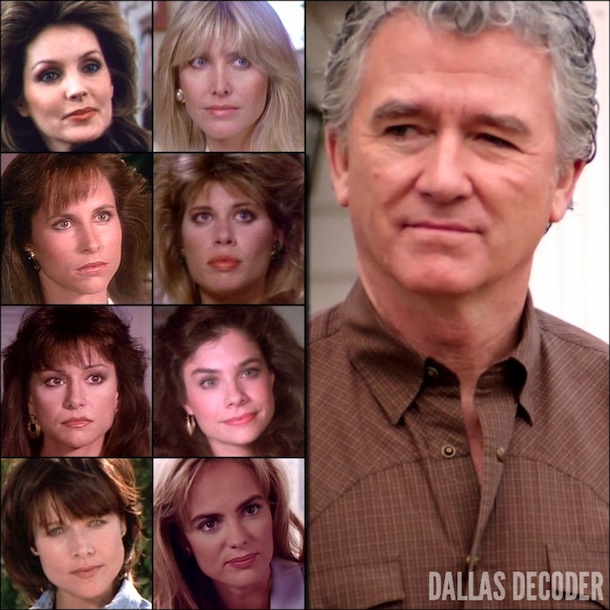 Dallas, Beth Toussaint, Bobby Ewing, Deirdre Imershein, Irena Ferris, Jeanne O’Brien, Jenna Wade, Jennifer Jantzen, Jory Taylor, Julia Cunningham, Kay Lloyd, Karen Kopins, Margaret Michaels, Michelle Johnson, Patrick Duffy, Priscilla Beaulieu Presley, Rosalind Allen, Tammy Kent Miller, TNT, Tracey McKay Lawton