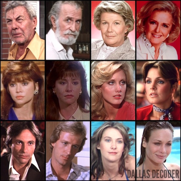Barbara Bel Geddes, Claude Earl Jones, Clifton James, Colleen Camp, Dallas, Dan Ammerman, David Ackroyd, David Wayne, Digger Barnes, Donna Reed, Dr. David Gordon, Dr. Harlan Danvers, Duke Carlisle, Gary Ewing, James Canning, Jenna Wade, John Zaremba, Josef Rainer, Keenan Wynn, Kristin Shepard, Margaret Michaels, Mary Crosby, Miss Ellie Ewing, Morgan Fairchild, Pam Ewing, Philip Levien, Priscilla Beaulieu Presley, Sam Anderson, Ted Shackelford, Victoria Principal