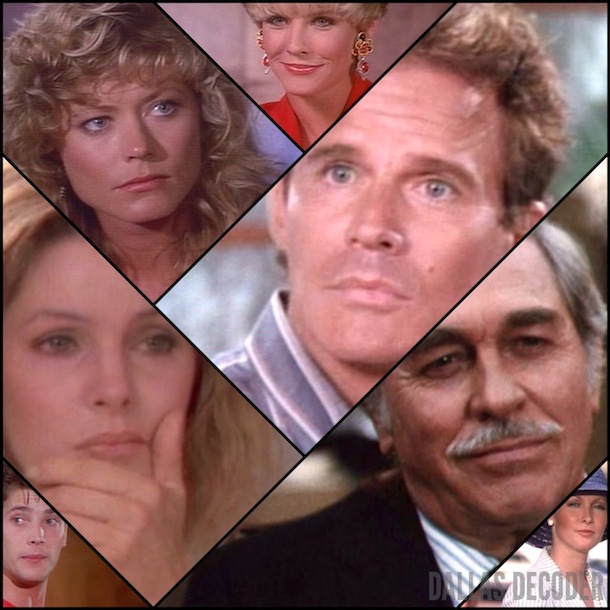 April Stevens Ewing, Clayton Farlow, Dack Rambo, Dallas, Donna Culver Krebbs, Howard Keel, Jack Ewing, James Beaumont, Jenna Wade, Kimberly Foster, Michelle Stevens, Priscilla Beaulieu Presley, Sasha Mitchell, Sheree J. Wilson, Susan Howard