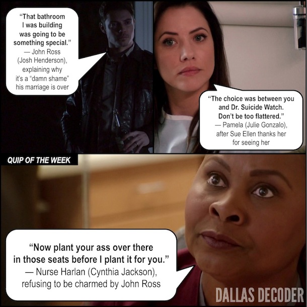 Cynthia Jackson, Dallas, Dead Reckoning, John Ross Ewing, Josh Henderson, Julie Gonzalo, Nurse Harlan, Pamela Rebecca Barnes Ewing, TNT