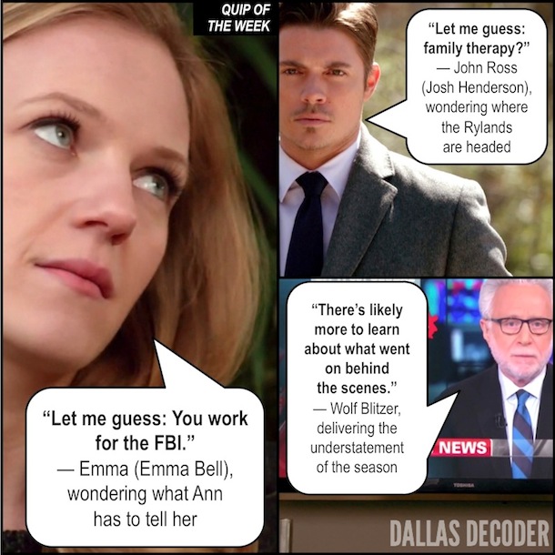 Dallas, Emma Bell, Emma Ryland, John Ross Ewing, Josh Henderson, TNT, Victims of Love, Wolf Blitzer