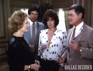 Alexis Smith, Bobby Ewing, Dallas, J.R. Ewing, Lady Jessica Montford, Larry Hagman, Linda Gray, Patrick Duffy, Sue Ellen Ewing, Unexpected