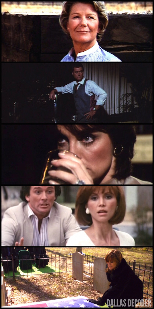 Barbara Bel Geddes, Bobby Ewing, Dallas, House Divided, J.R. Ewing, J.R.'s Masterpiece, Larry Hagman, Linda Gray, Miss Ellie Ewing, Pam Ewing, Patrick Duffy, Sue Ellen Ewing, Swan Song, Things Ain't Goin' Too Good at Southfork, Victoria Principal