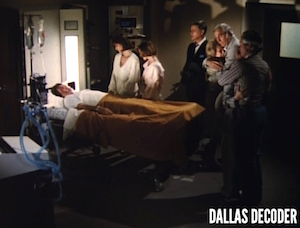 Bobby Ewing, Clayton Farlow, Dallas, Donna Krebbs, Donna Reed, Howard Keel, Jenna Wade, J.R. Ewing, Larry Hagman, Miss Ellie Ewing Farlow, Pam Ewing, Patrick Duffy, Priscilla Beaulieu Presley, Ray Krebbs, Susan Howard, Swan Song