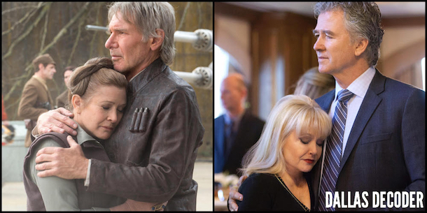 Bobby Ewing, Carrie Fisher, Charlene Tilton, Dallas, Han Solo, Harrison Ford, Leia Organa, Patrick Duffy, Star Wars,